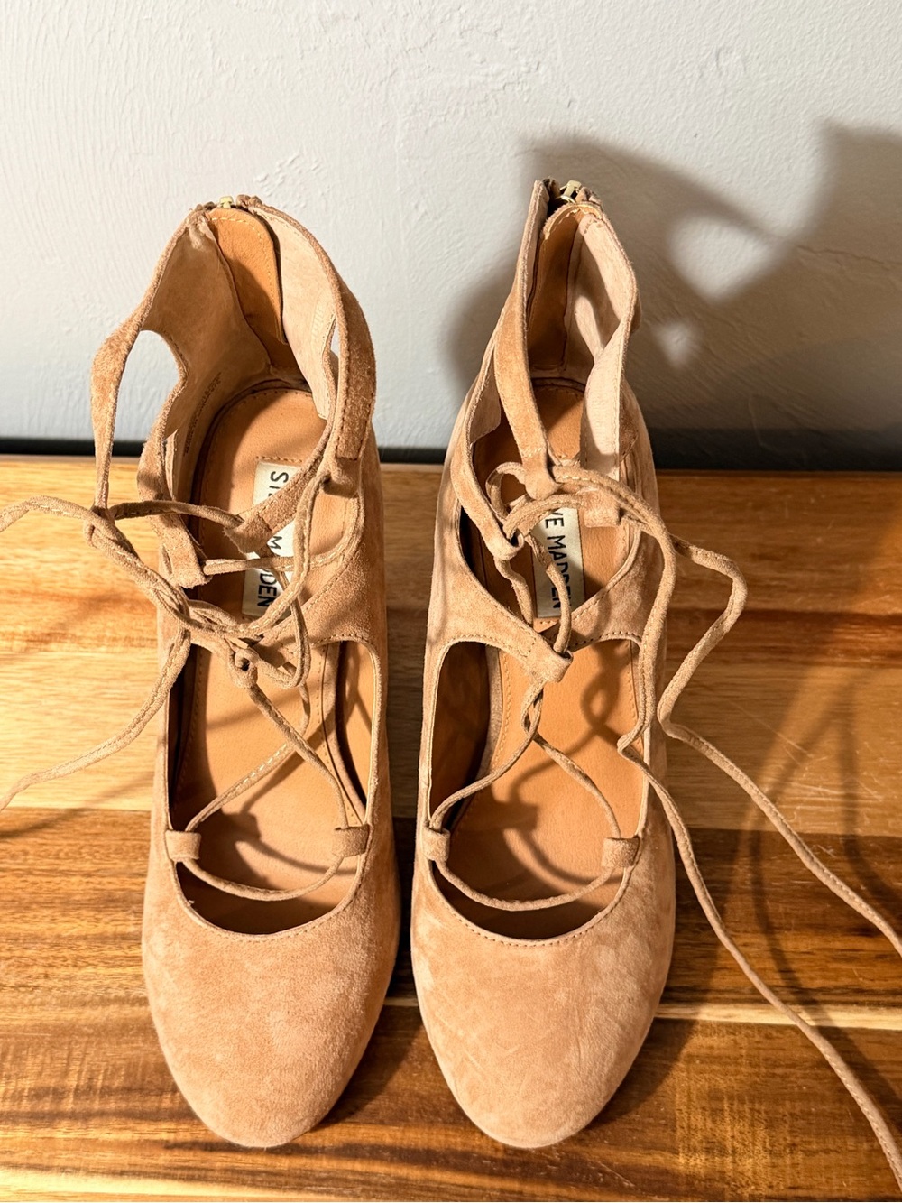 Steve Madden Beige/Tan Suede Lace-Up Block Heel Pumps - Picture 9 of 15